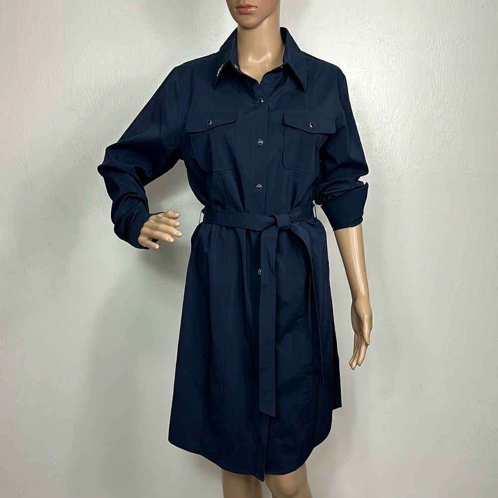 Elevee Navy Blue Long Sleeve Tie Waist Knee Length Shirt Dress Size M by Sandro